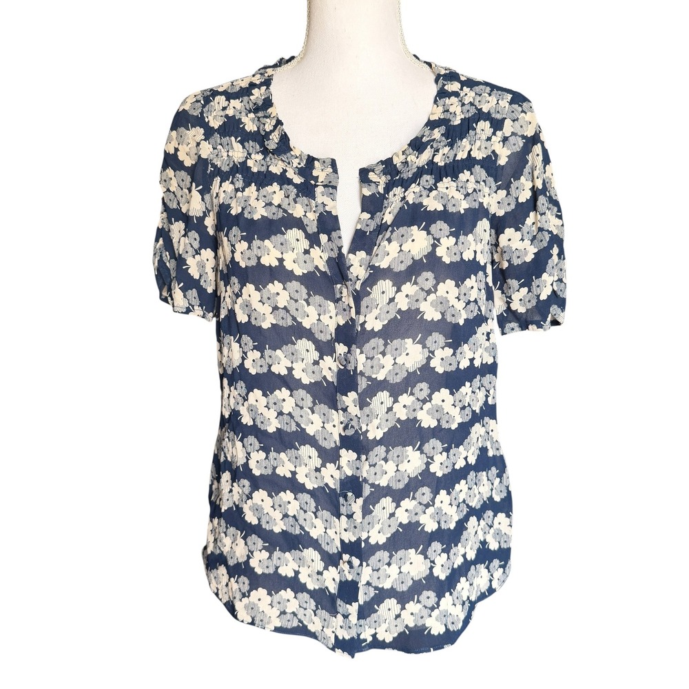 Boden Womens Floral Button Front Blouse Navy Blue Cream Ruffle‎ Neck WA485 US 4